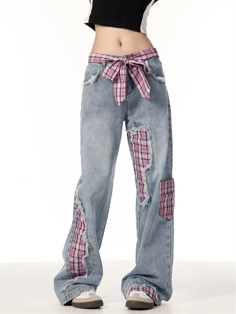 Plaid Stitching Wide Leg Jeans with Bowknot – Sweet & Trendy