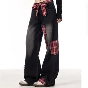 Plaid Stitching Wide Leg Jeans with Bowknot – Sweet & Trendy