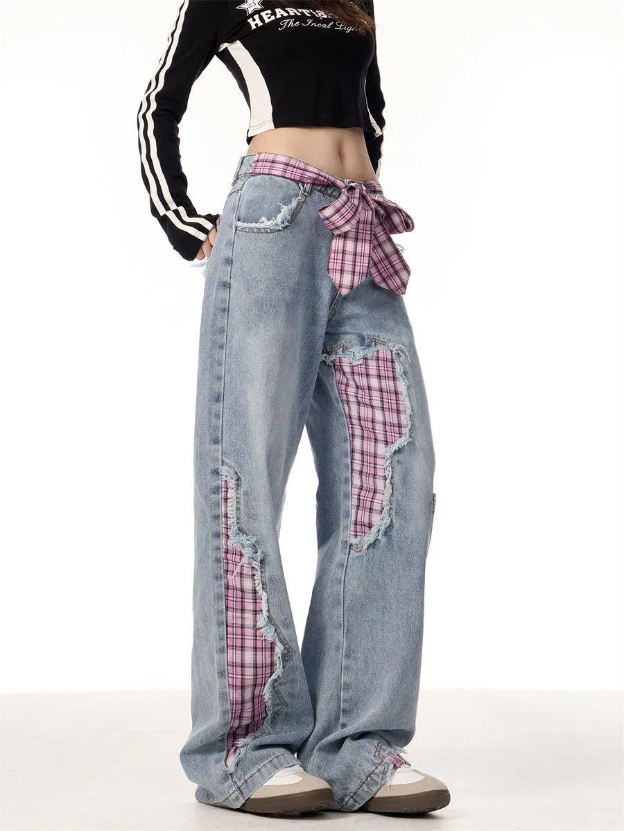 Plaid Stitching Wide Leg Jeans with Bowknot – Sweet & Trendy