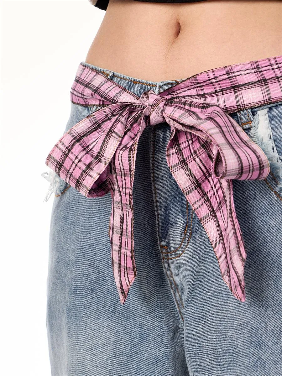 Plaid Stitching Wide Leg Jeans with Bowknot – Sweet & Trendy