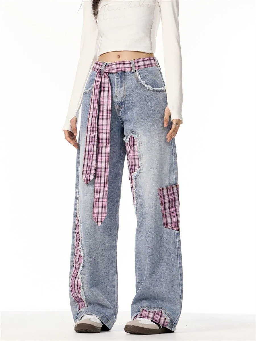 Plaid Stitching Wide Leg Jeans with Bowknot – Sweet & Trendy