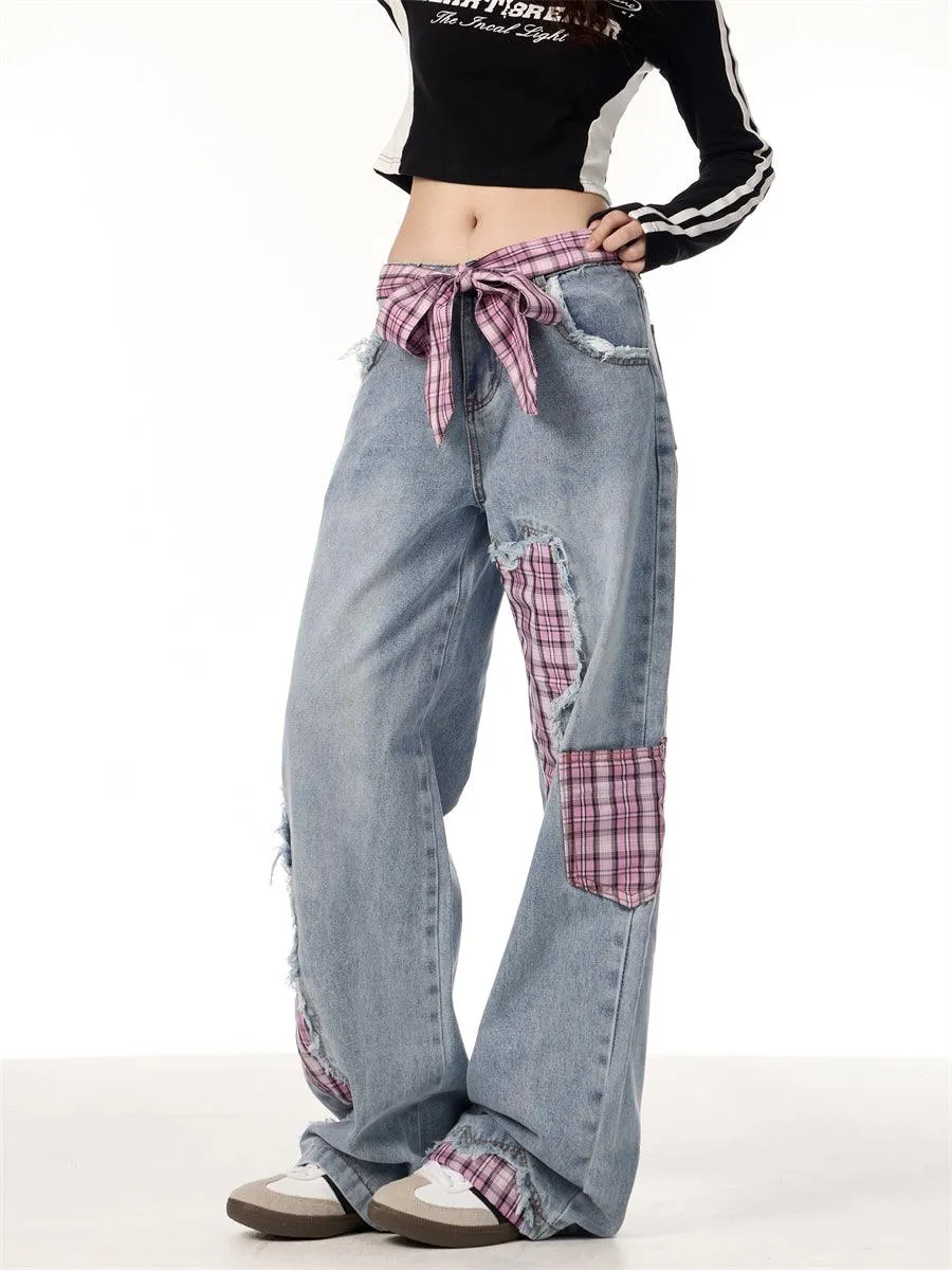 Plaid Stitching Wide Leg Jeans with Bowknot – Sweet & Trendy