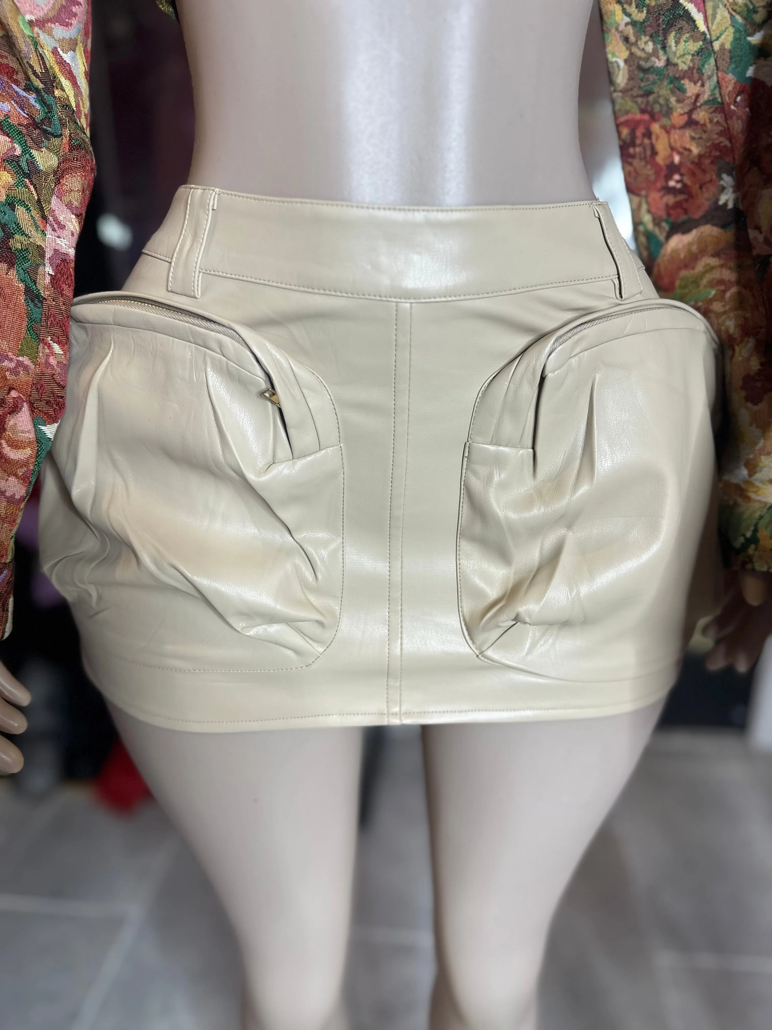 PU Pocket Leather Mini Cargo Skirt- Lt Taupe