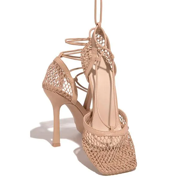 Purpdrank - Fishnet Squared Toe Lace Up Heels