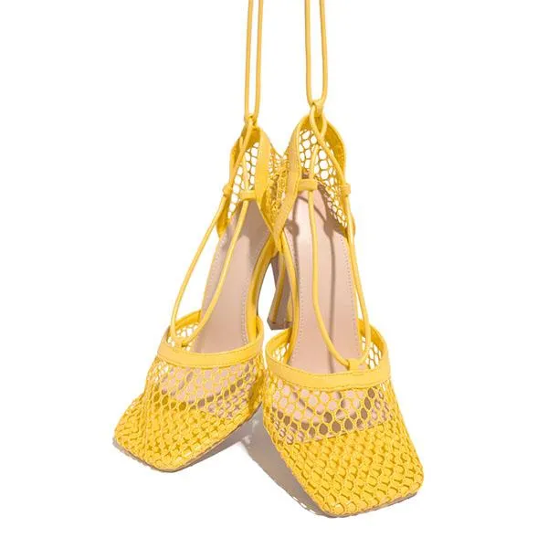 Purpdrank - Fishnet Squared Toe Lace Up Heels
