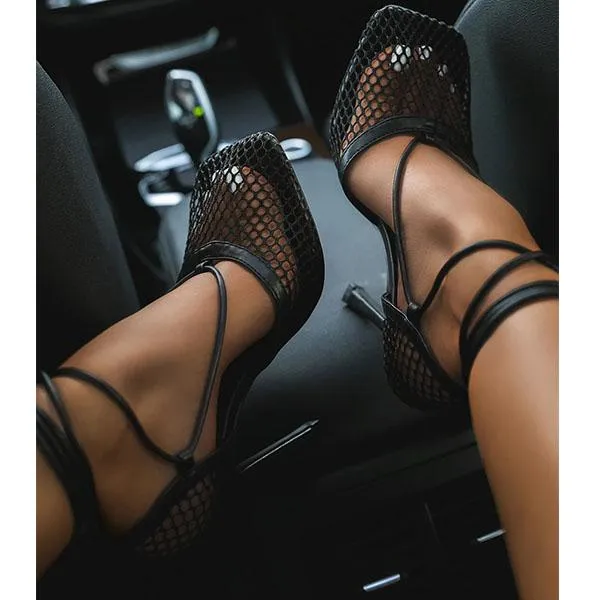 Purpdrank - Fishnet Squared Toe Lace Up Heels