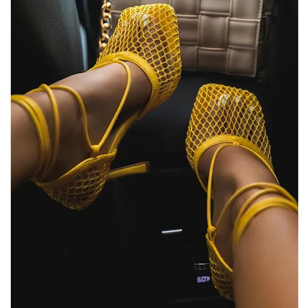 Purpdrank - Fishnet Squared Toe Lace Up Heels