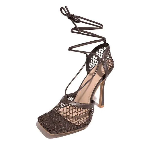Purpdrank - Fishnet Squared Toe Lace Up Heels