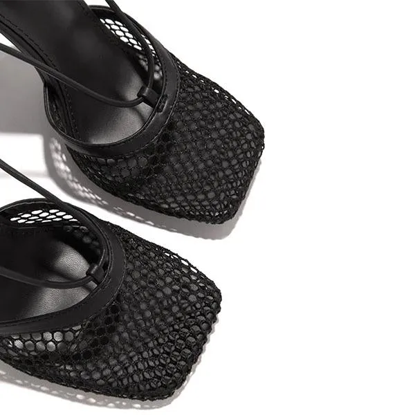 Purpdrank - Fishnet Squared Toe Lace Up Heels