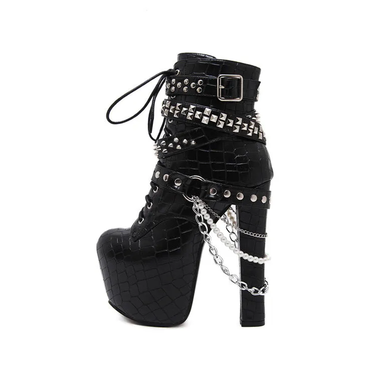 Rivets Hasp Chain Decorate Round Toe Platform High Chunky Heels Short Boots