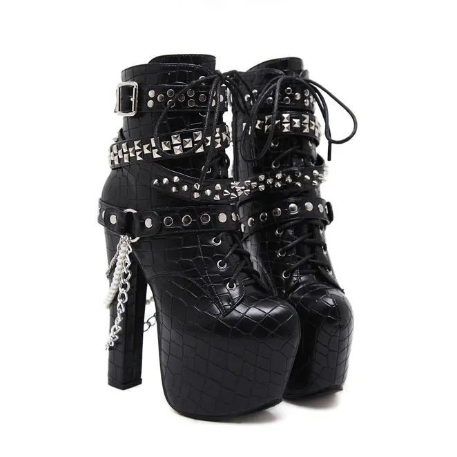 Rivets Hasp Chain Decorate Round Toe Platform High Chunky Heels Short Boots