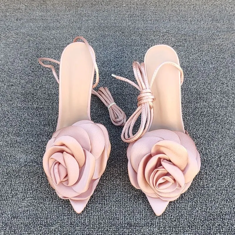 Satin Floral Pointed Toe Ankle Strap High Heels