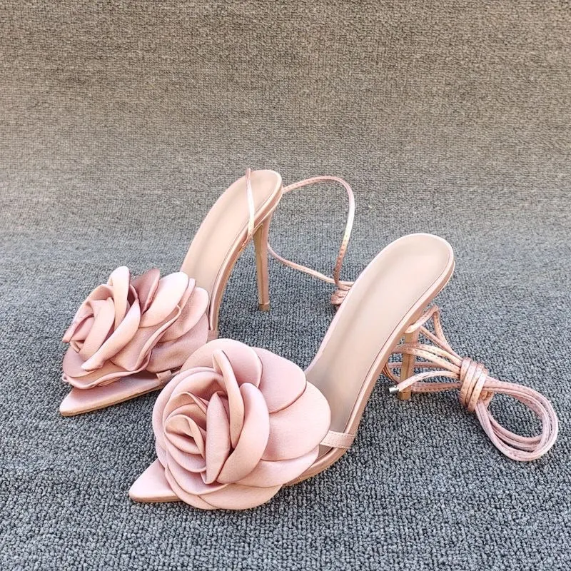 Satin Floral Pointed Toe Ankle Strap High Heels