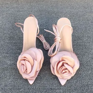 Satin Floral Pointed Toe Ankle Strap High Heels