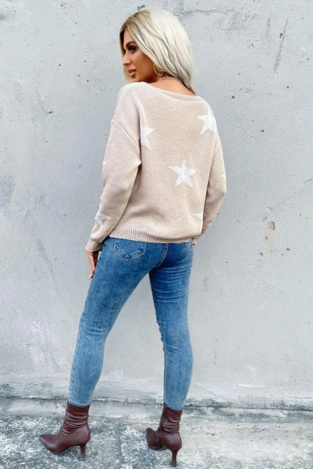 Shine All Day Distressed Hem Star Sweater