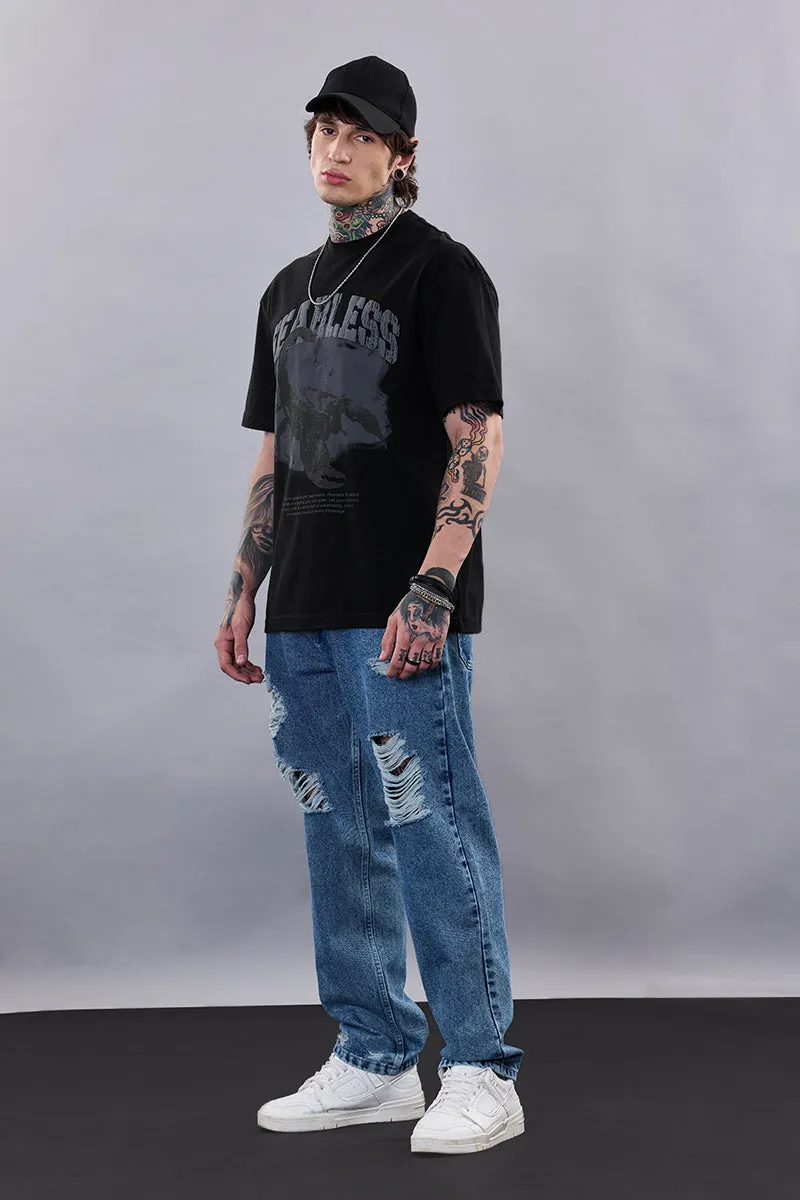 Snitch Revolution Fearless Black Printed Oversized T-Shirt