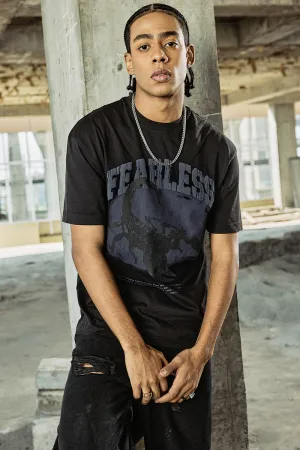 Snitch Revolution Fearless Black Printed Oversized T-Shirt