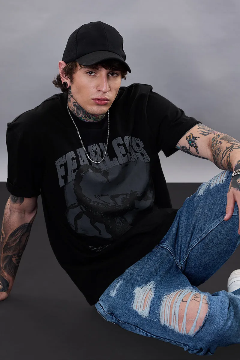 Snitch Revolution Fearless Black Printed Oversized T-Shirt