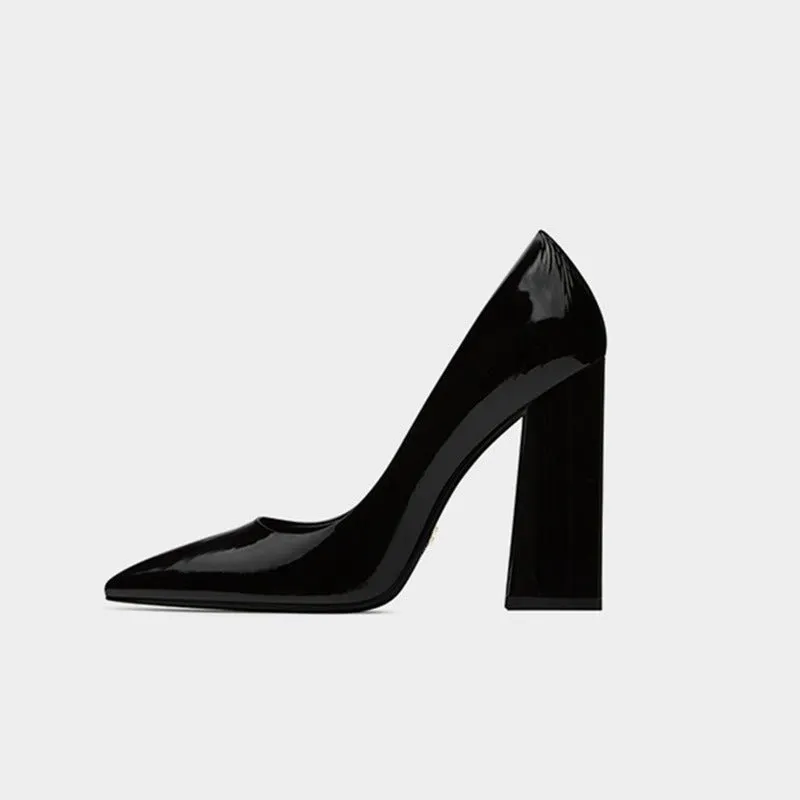 Thick Heeled Patent Leather Yellow High Heels