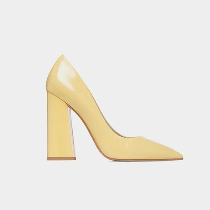 Thick Heeled Patent Leather Yellow High Heels