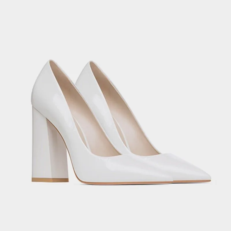 Thick Heeled Patent Leather Yellow High Heels