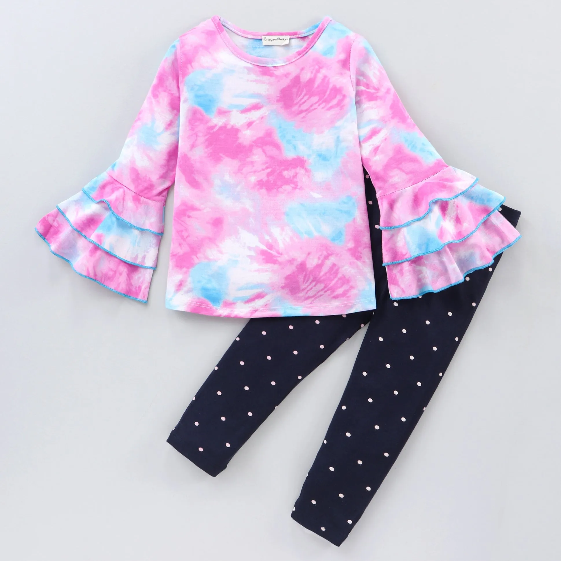 Tie and Dye Sleeves Frill Top Leggings Set