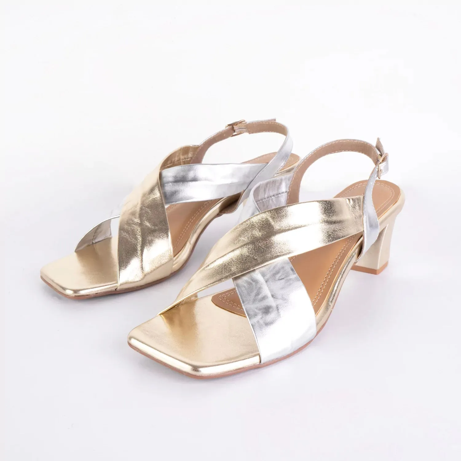 Two Tone Metallic Gold & Silver Party Wear Block Heels