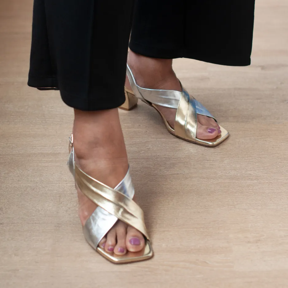 Two Tone Metallic Gold & Silver Party Wear Block Heels