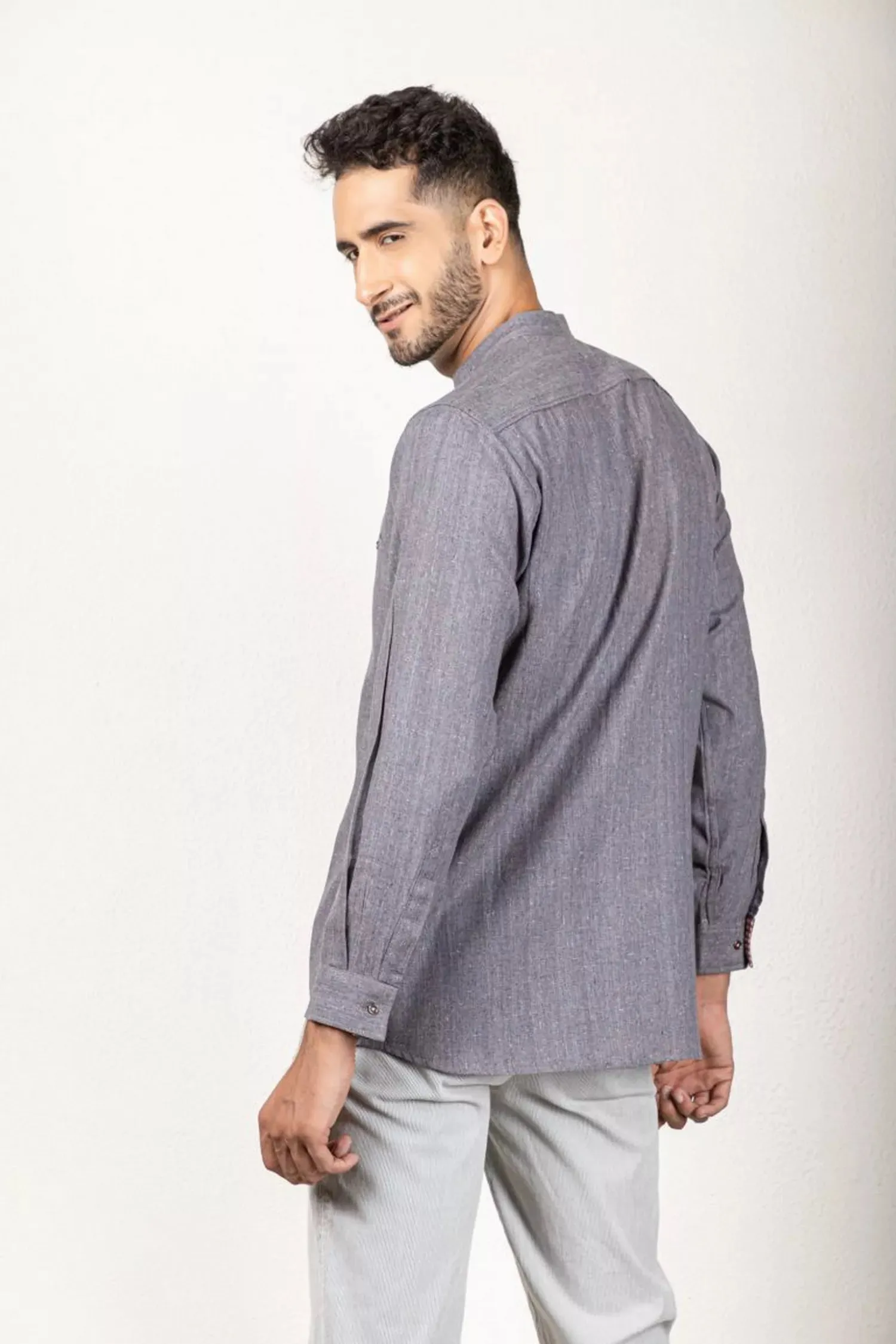 Two-Tone Yarn Dyed Grey Shirt - 100% Cotton