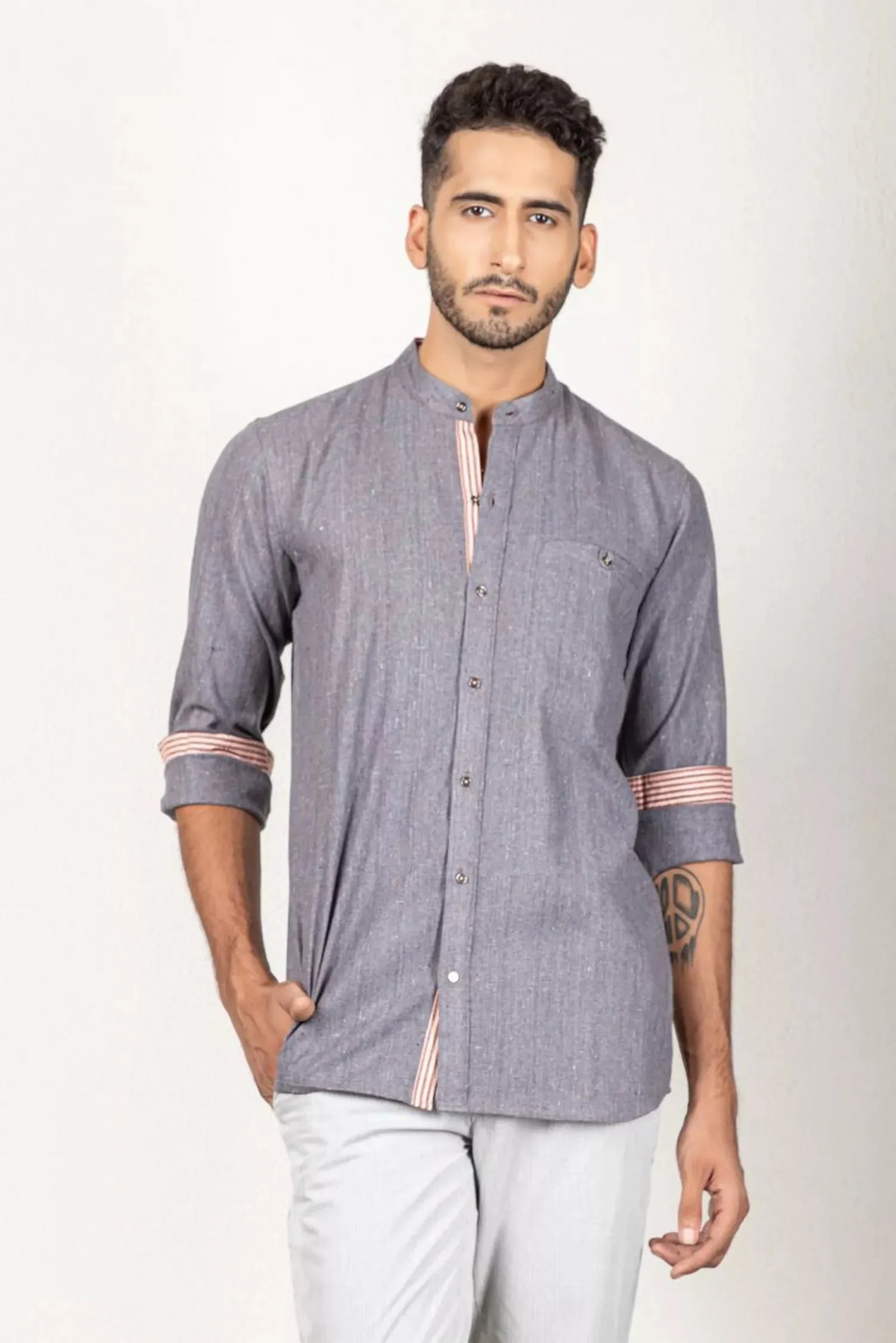 Two-Tone Yarn Dyed Grey Shirt - 100% Cotton