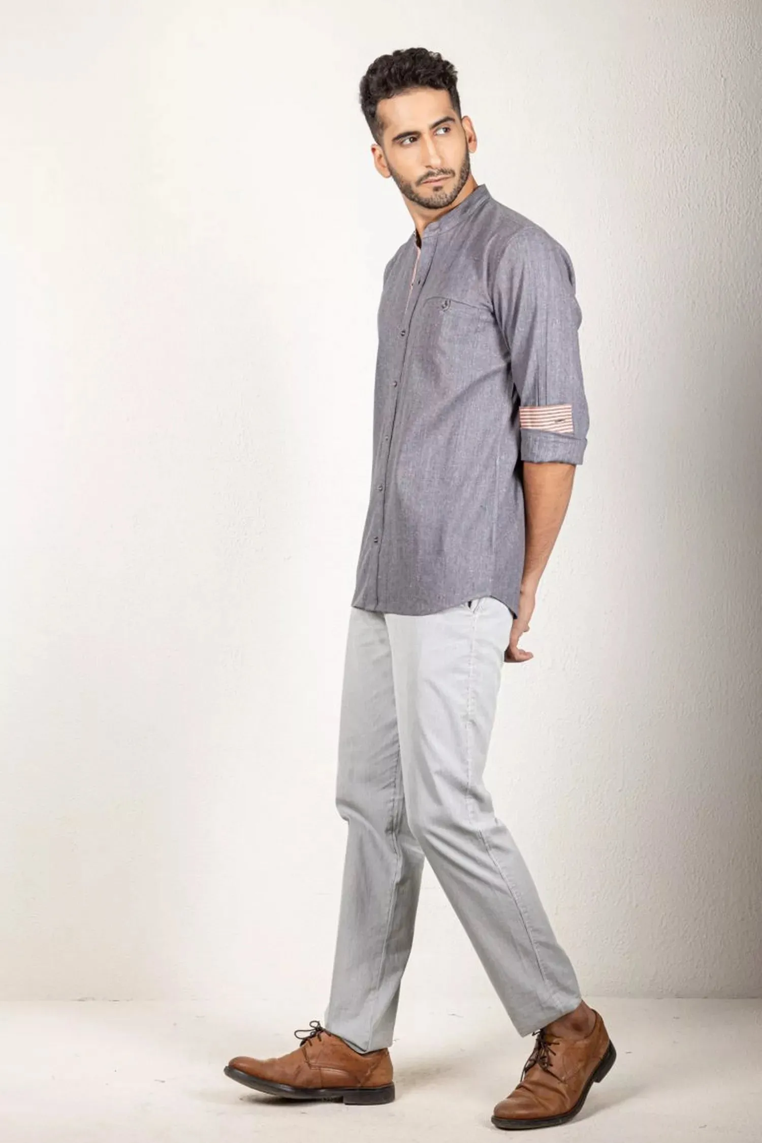 Two-Tone Yarn Dyed Grey Shirt - 100% Cotton
