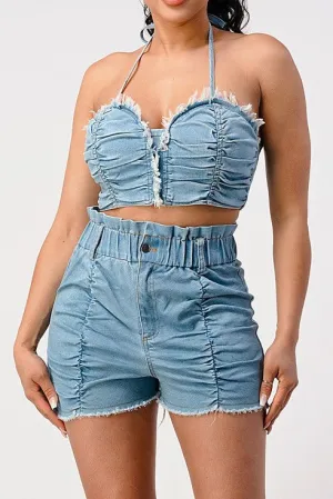 Walk In Style Ruched Denim 2 Piece Short Set