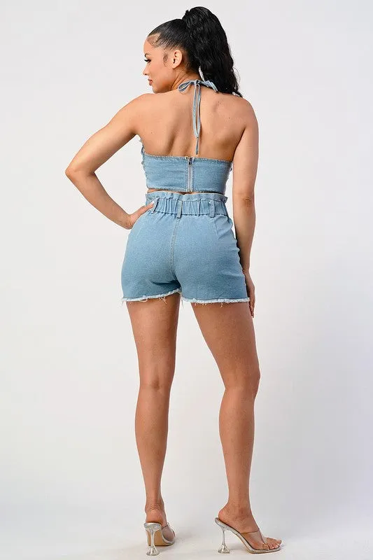 Walk In Style Ruched Denim 2 Piece Short Set