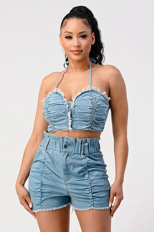 Walk In Style Ruched Denim 2 Piece Short Set