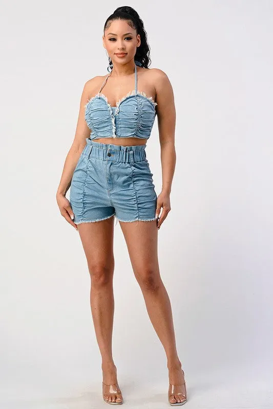 Walk In Style Ruched Denim 2 Piece Short Set