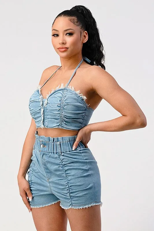 Walk In Style Ruched Denim 2 Piece Short Set