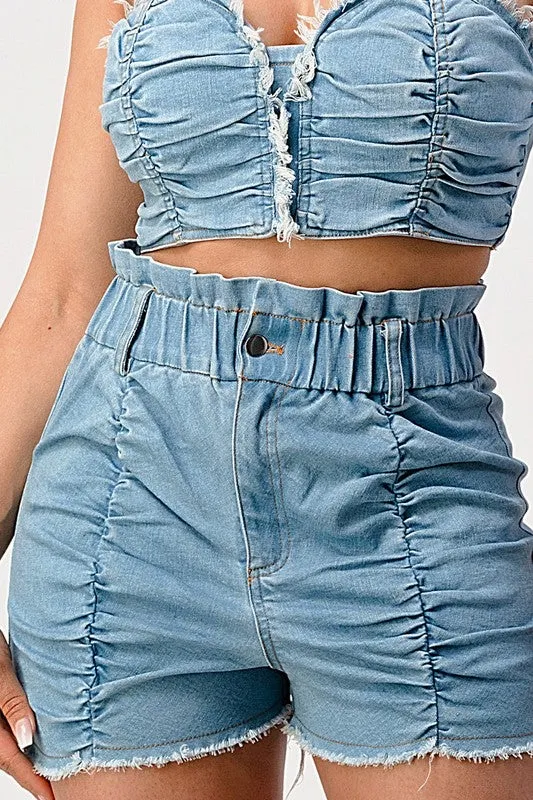 Walk In Style Ruched Denim 2 Piece Short Set