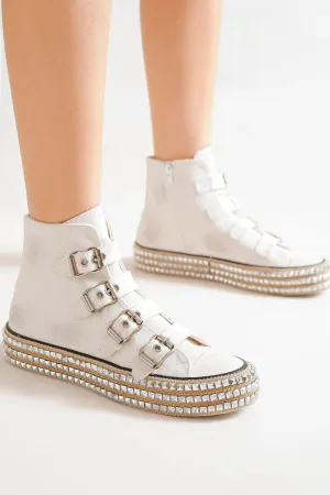 White Multi-Buckle Straps Studded Platform Sneakers