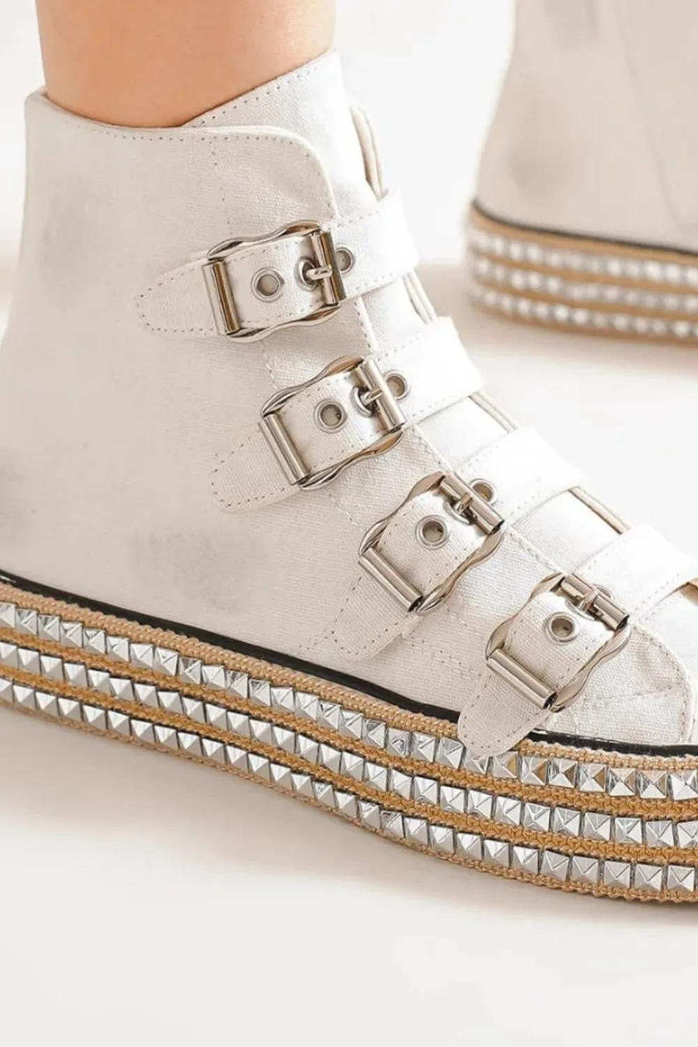 White Multi-Buckle Straps Studded Platform Sneakers