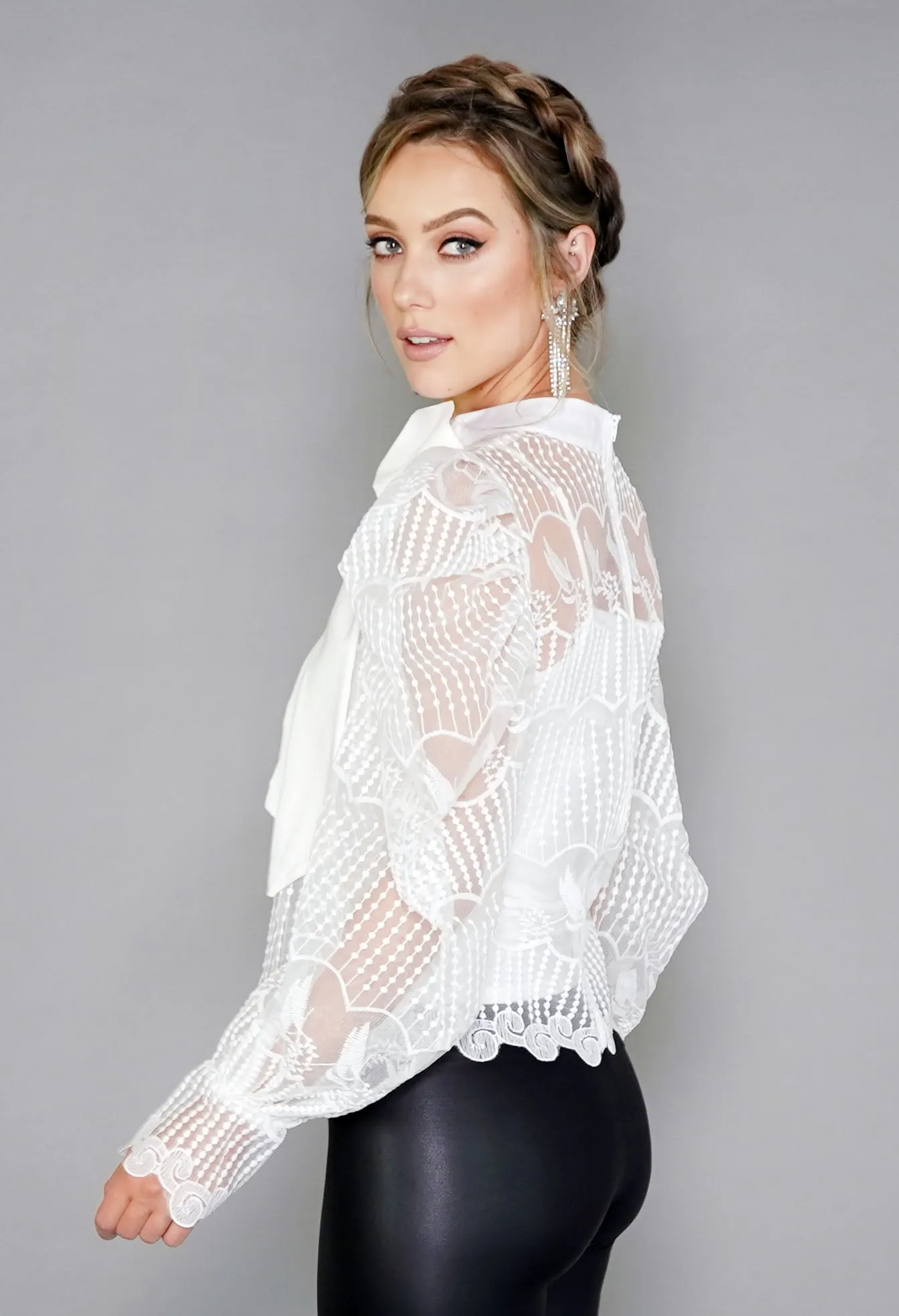 White Puff Sleeve Embroidered Mesh Top