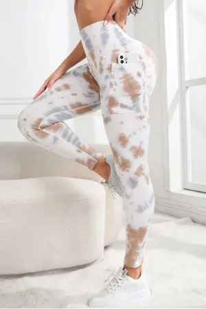 White Tie-Dye High-Waisted Leggings with Side Pocket