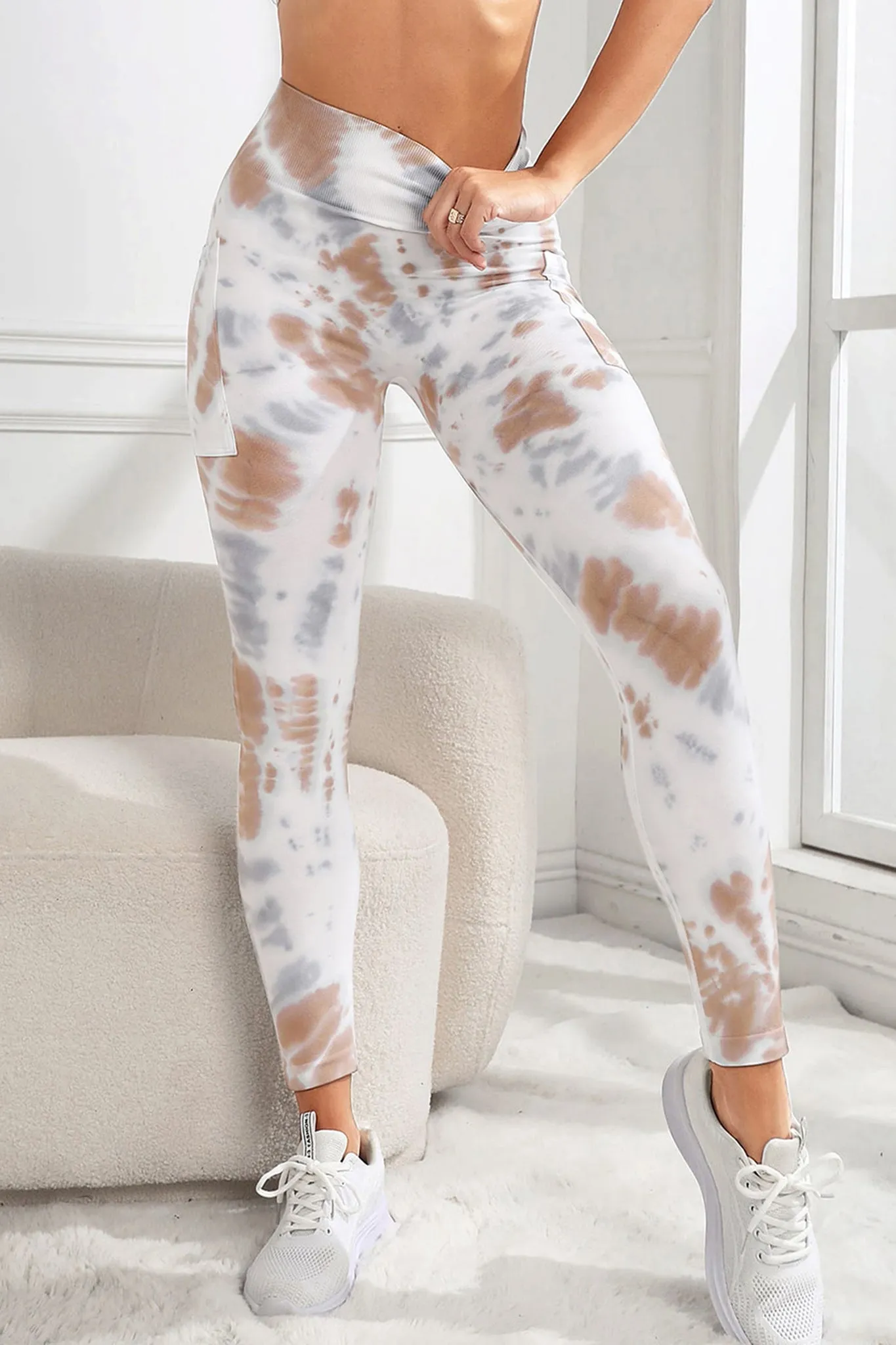 White Tie-Dye High-Waisted Leggings with Side Pocket