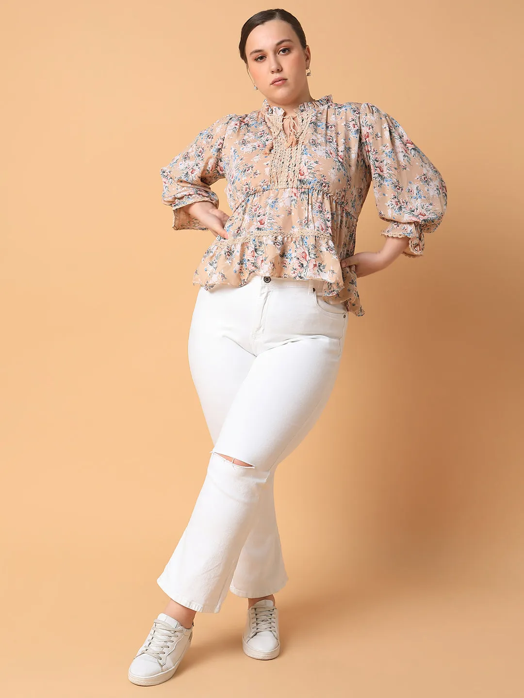 Women Beige Floral Print Tie-Up Neck Georgette High-Low Top