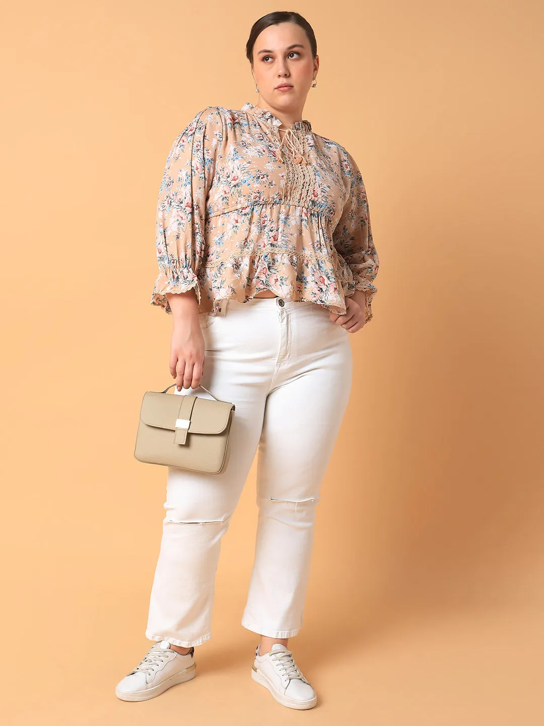 Women Beige Floral Print Tie-Up Neck Georgette High-Low Top