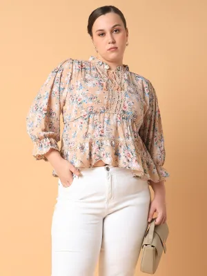 Women Beige Floral Print Tie-Up Neck Georgette High-Low Top