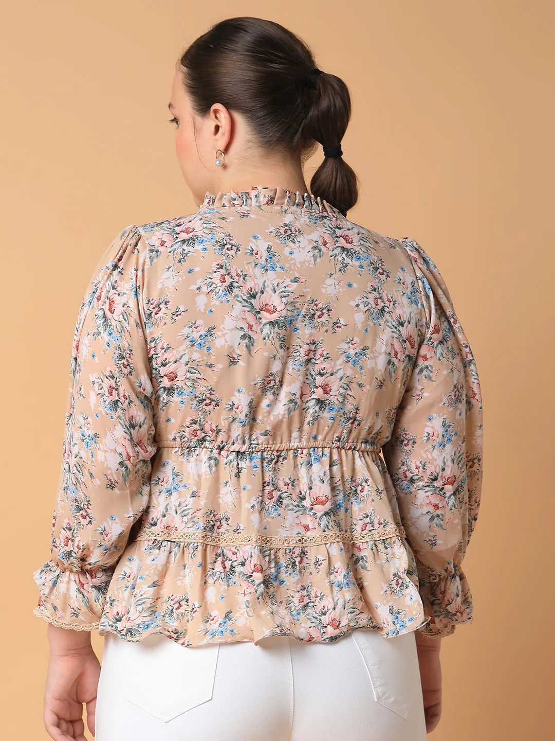 Women Beige Floral Print Tie-Up Neck Georgette High-Low Top