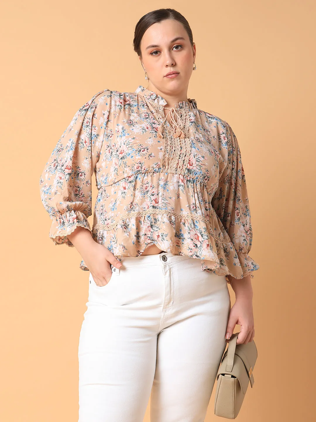 Women Beige Floral Print Tie-Up Neck Georgette High-Low Top