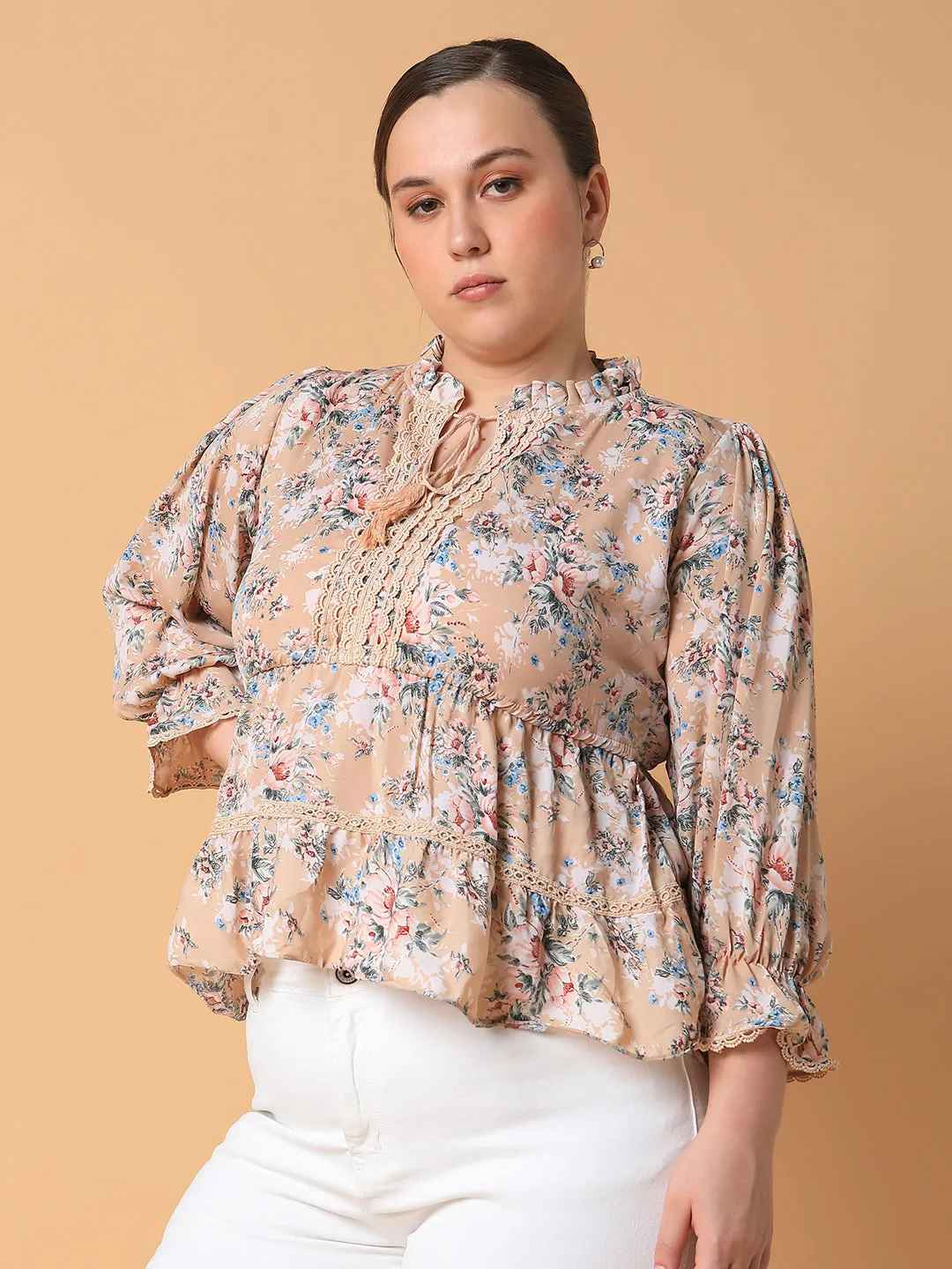 Women Beige Floral Print Tie-Up Neck Georgette High-Low Top