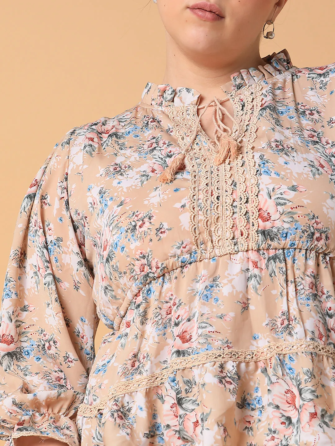 Women Beige Floral Print Tie-Up Neck Georgette High-Low Top