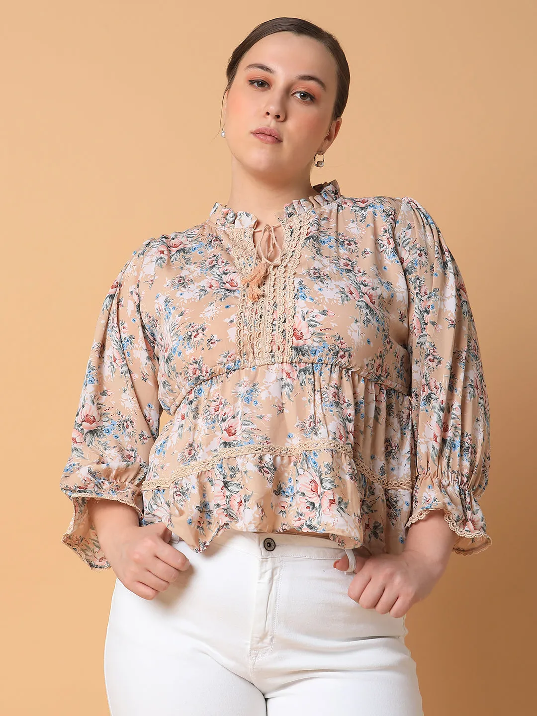 Women Beige Floral Print Tie-Up Neck Georgette High-Low Top